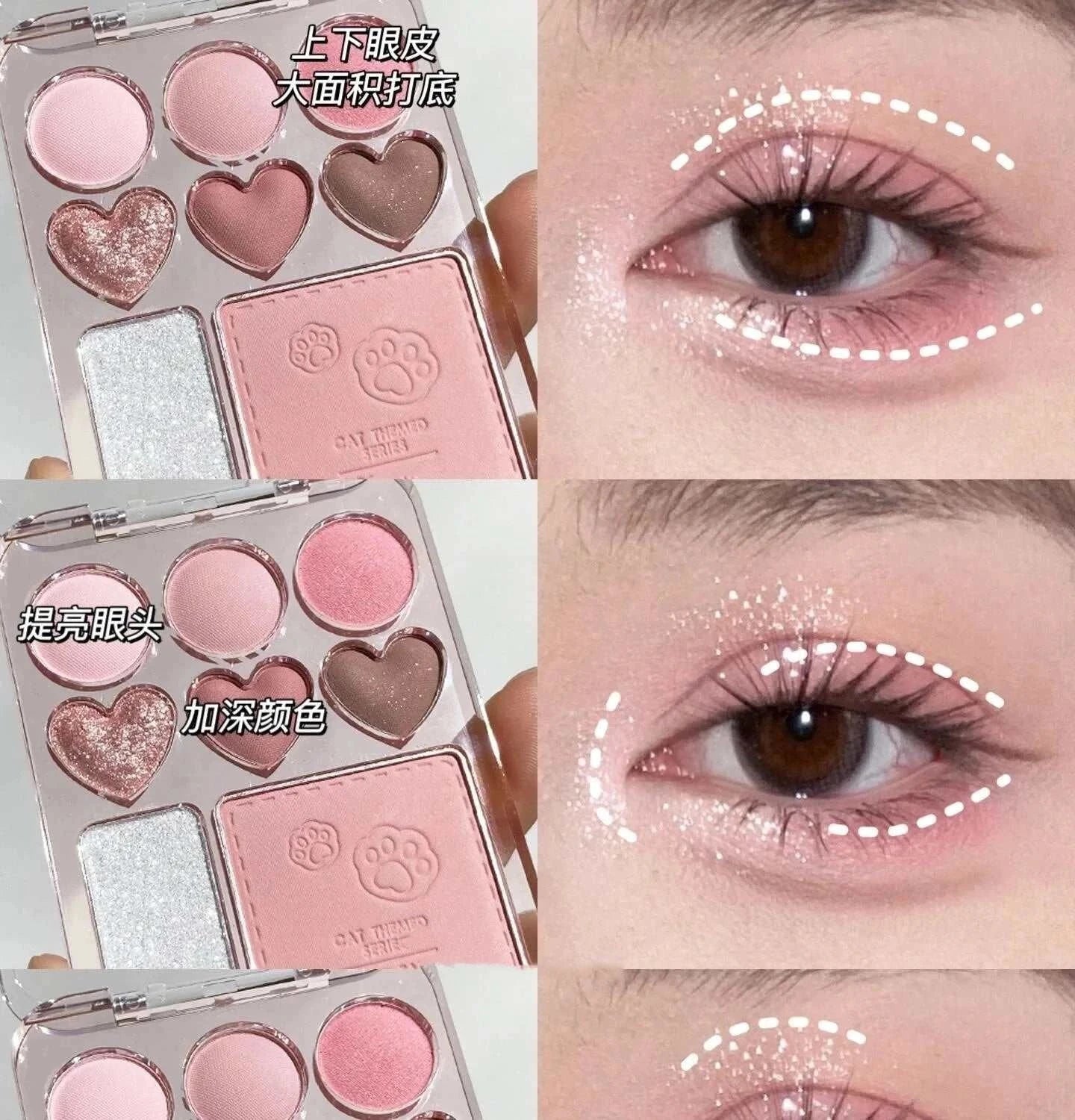 8-color pink orange eyeshadow palette with blusher and highlighter, showing soft pink and peach shades on eyes with step-by-step application illustrations