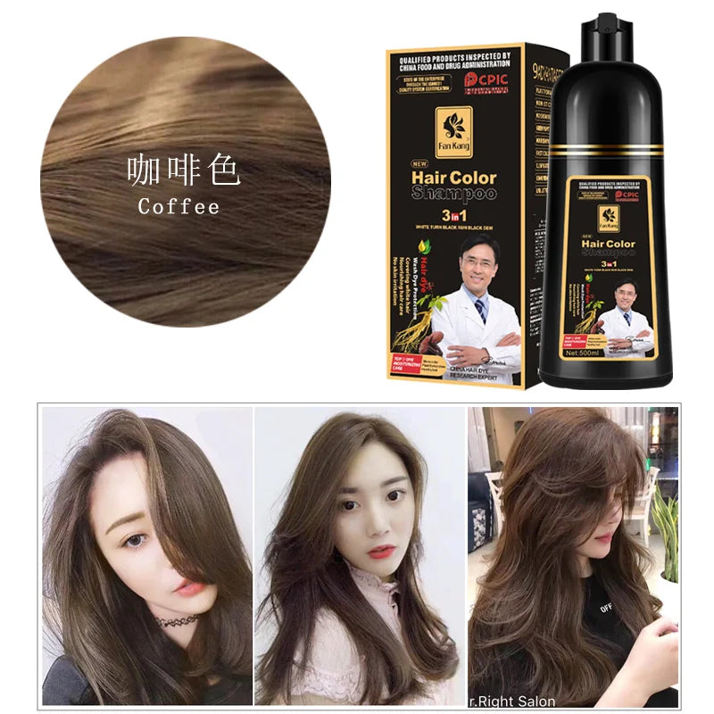 500ml Organic Permanent Hair Dye Shampoo in coffee brown shade with natural plant-based formula shown with before and after hair color results on women
