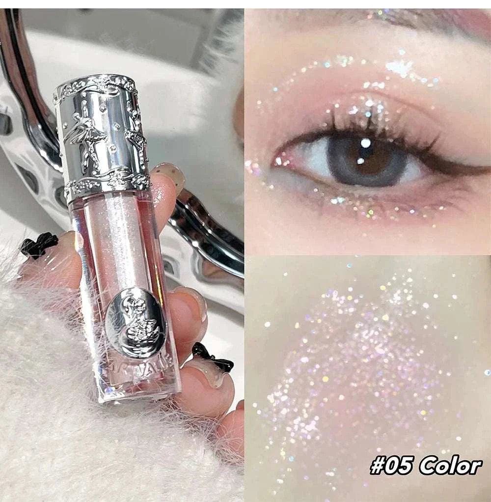 Balletism liquid eyeshadow with fine shimmer highlight in shade #05, shown in elegant packaging and applied for a radiant, glossy eye look