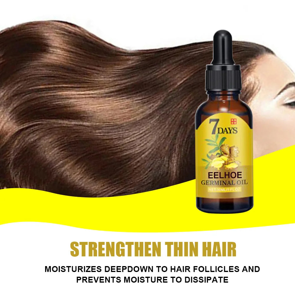 EELHOE Ginger Hair Growth Oil bottle with smooth, shiny brown hair background promoting hair strengthening and hydration