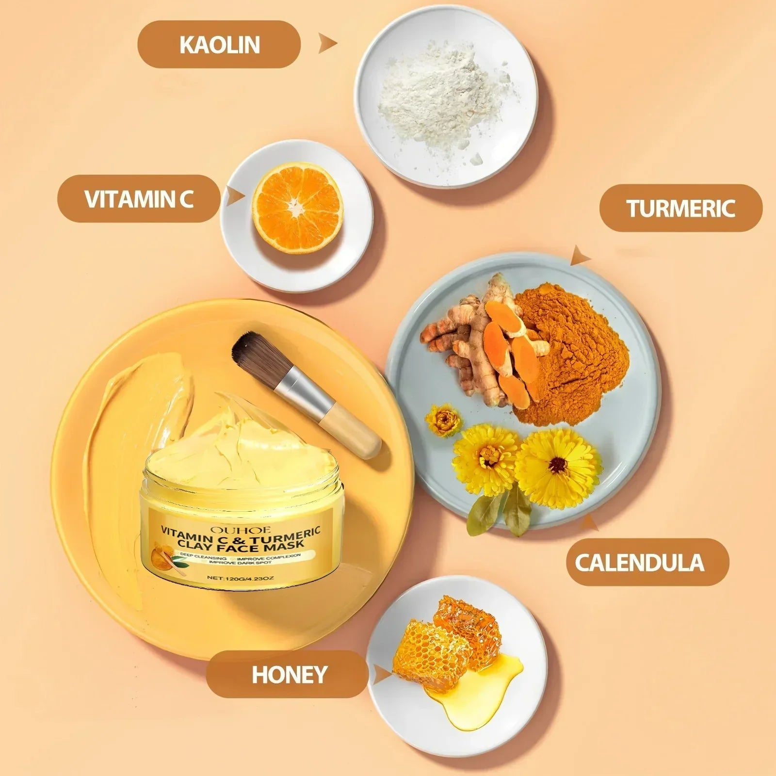 Vitamin C and turmeric exfoliating facial mask with kaolin, calendula, and honey for brightening and deep pore cleansing