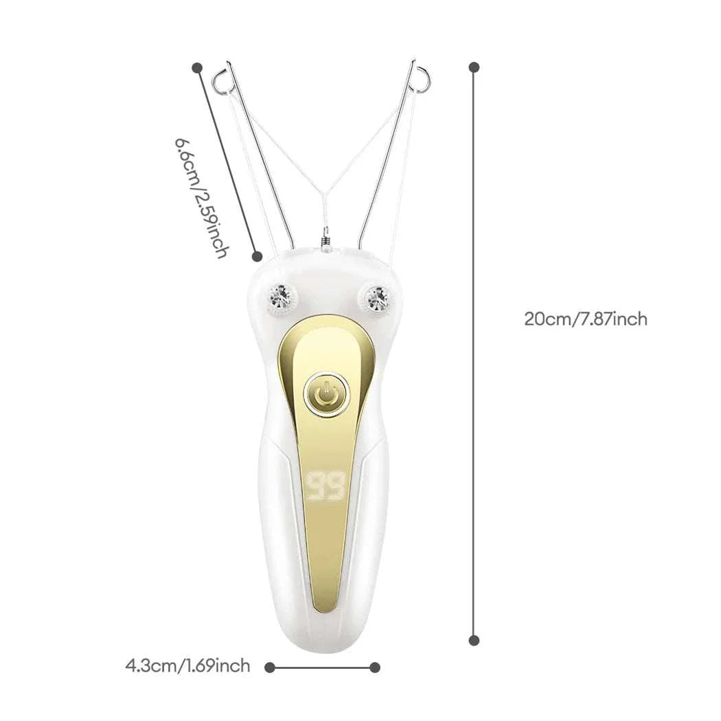 Electric body hair remover with cotton thread epilation, rechargeable and cordless, designed for safe and efficient hair removal on sensitive areas.