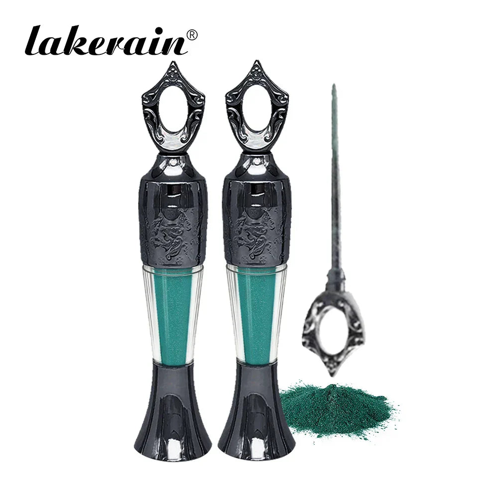 4-Colors Etro Bottle Powder Eyeliner in teal shade with ornate black cap and precision applicator, mineral-based waterproof formula