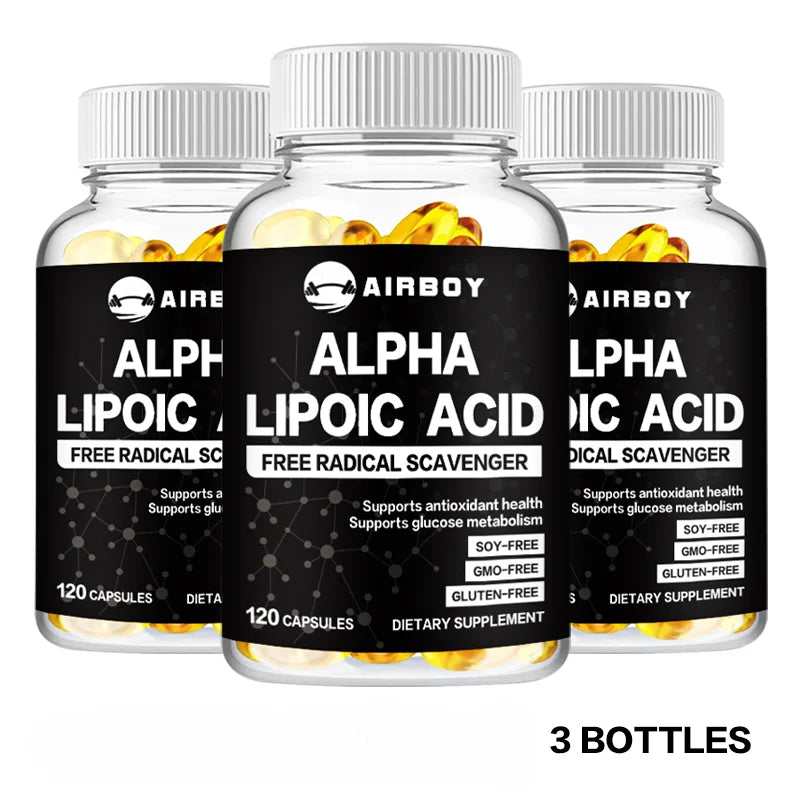 Three bottles of Airboy Alpha Lipoic Acid 600mg capsules dietary supplement for antioxidant support and healthy sugar metabolism
