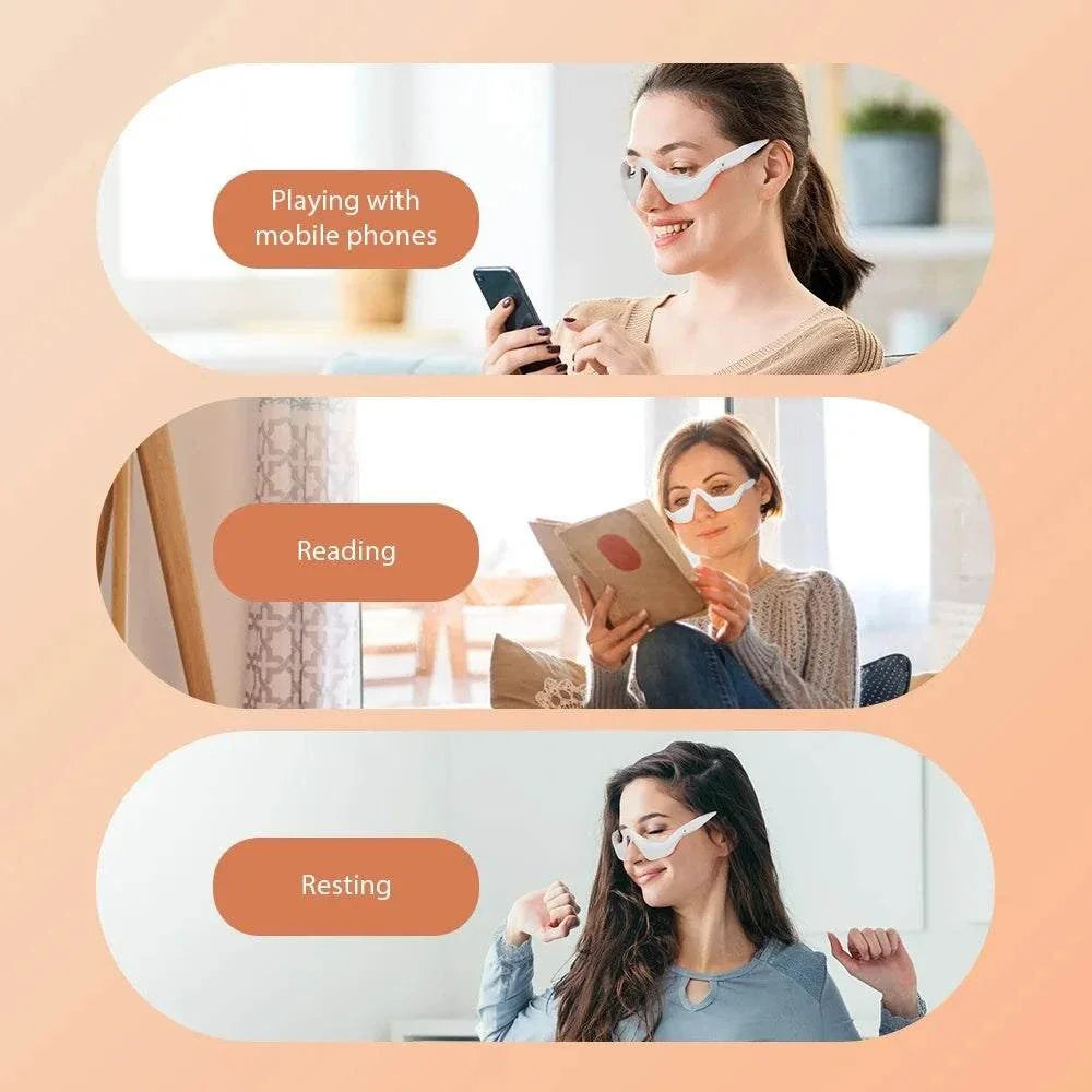 Woman using 3D eye massager while playing with phone, reading, and resting for eye care and relaxation