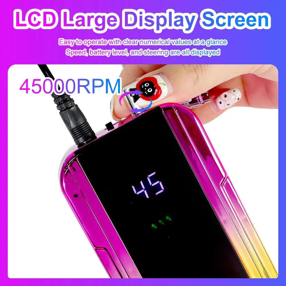 Rechargeable nail drill machine with 45000 RPM, LCD display, and laser gradient design for professional nail care.