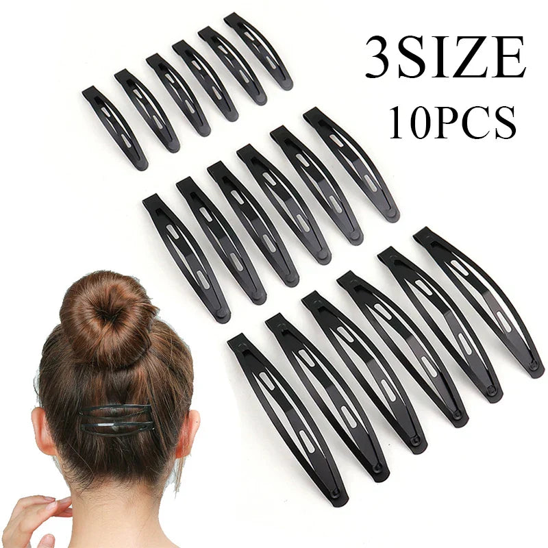 10pcs frosted alloy snap hair clips in three sizes with matte black finish, shown on hair bun and laid out.