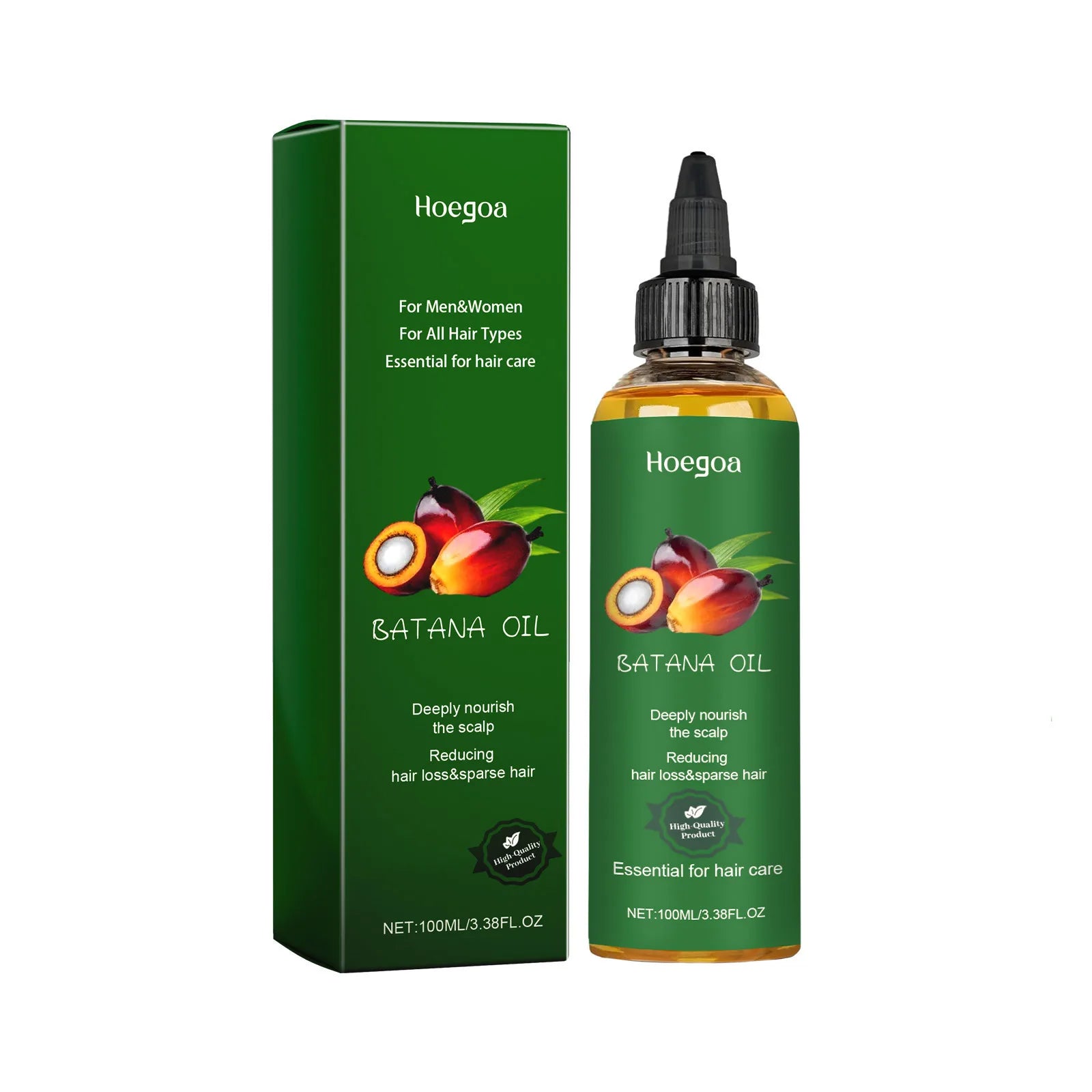 Batana Nourishing Hair Oil bottle and box with palm nut illustration for hair strengthening and repair