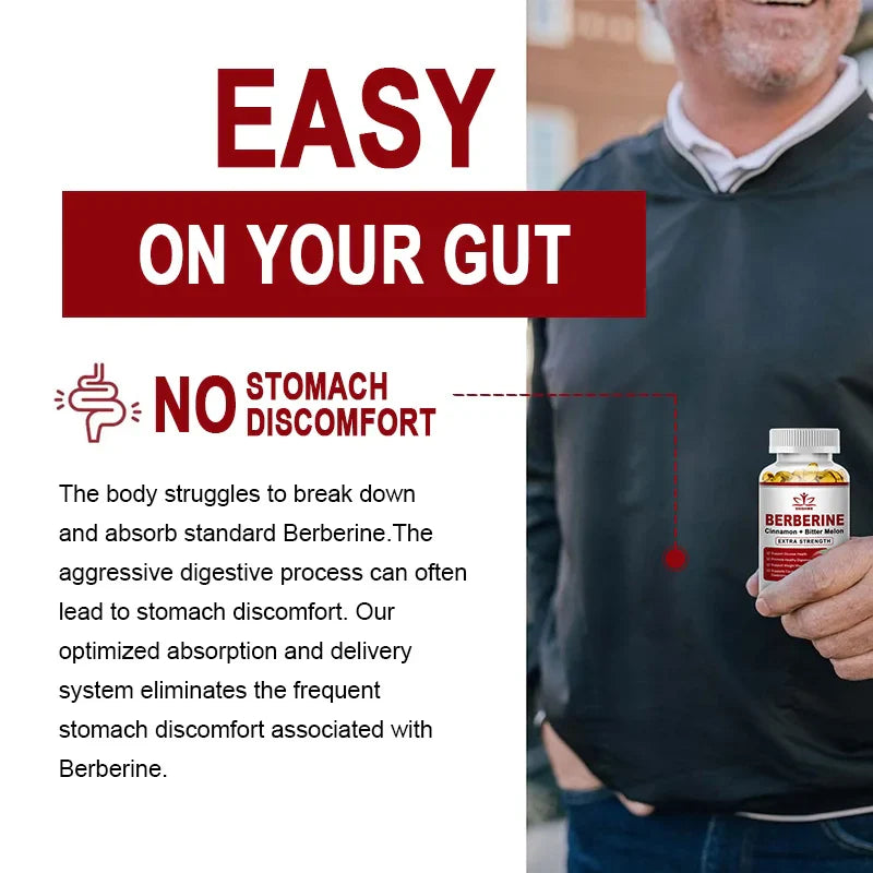 Berberine with Ceylon Cinnamon capsules promoting gut health and no stomach discomfort with optimized absorption.
