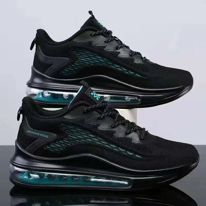 Men's black casual running shoes with breathable mesh upper and visible air cushion sole for comfort and support