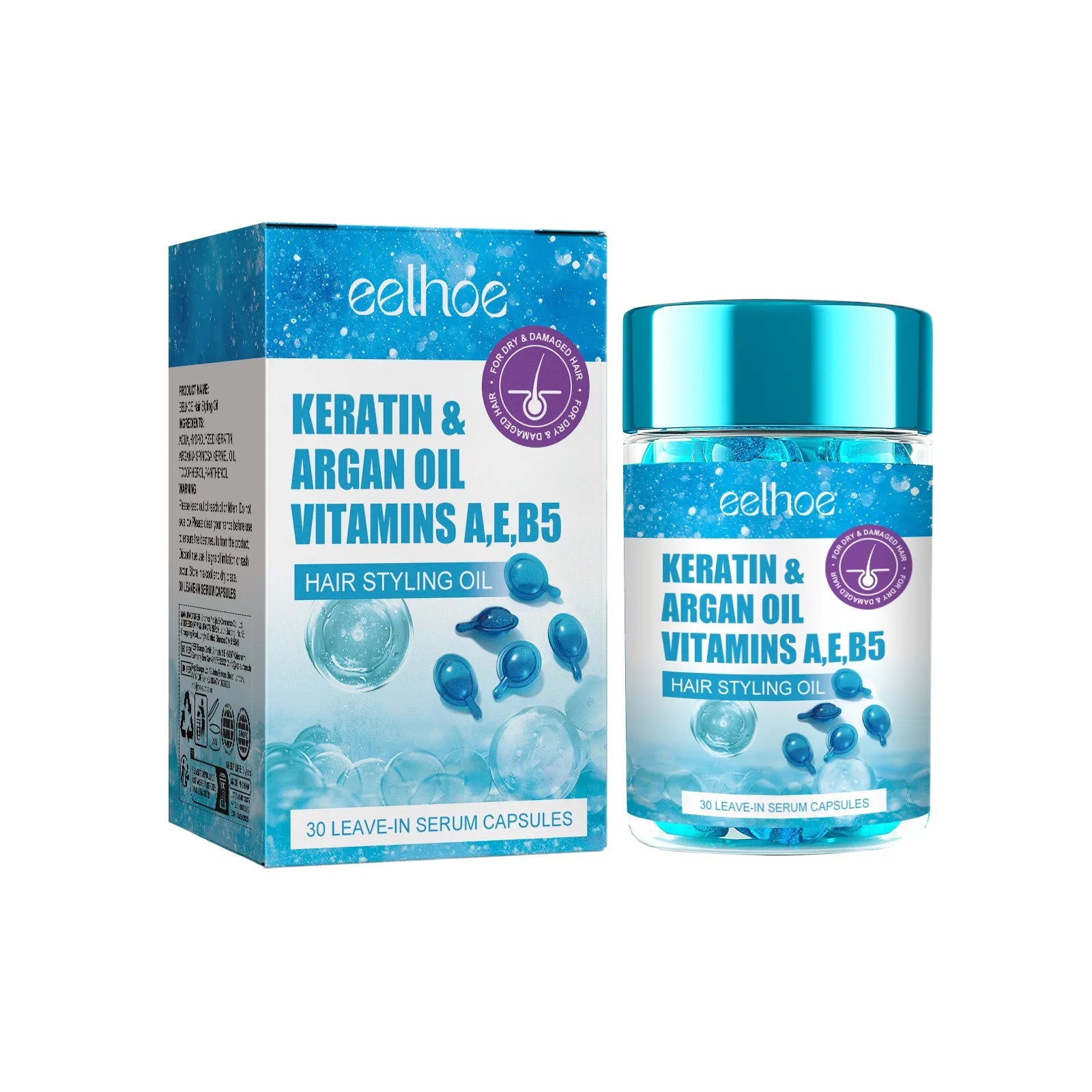 Magic Hair Vitamin Capsules with keratin, argan oil, and vitamins A, E, B5 for deep conditioning and frizz reduction