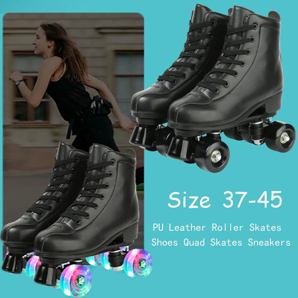 Black PU leather flash roller skates with light-up quad wheels for men and women, sizes 37-45