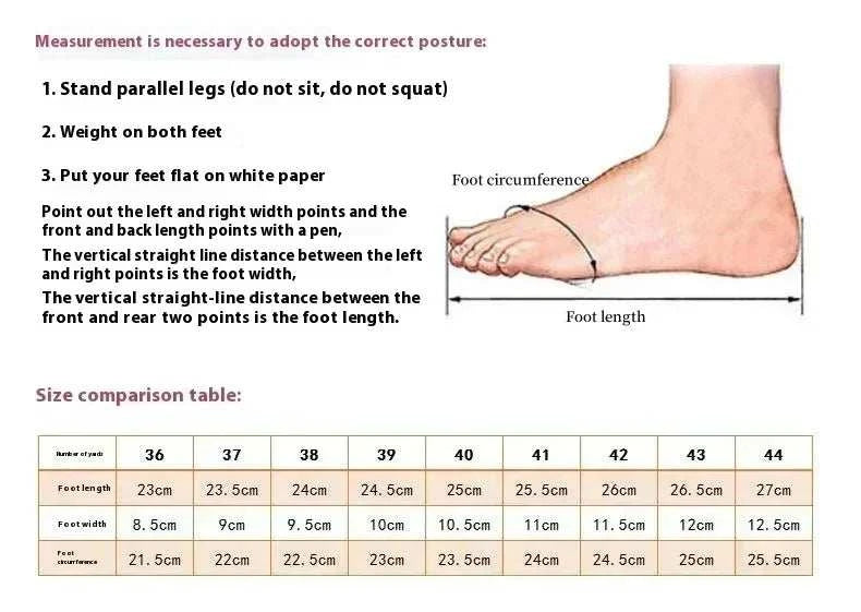 Women's shoes size guide with foot measurement instructions and size comparison table