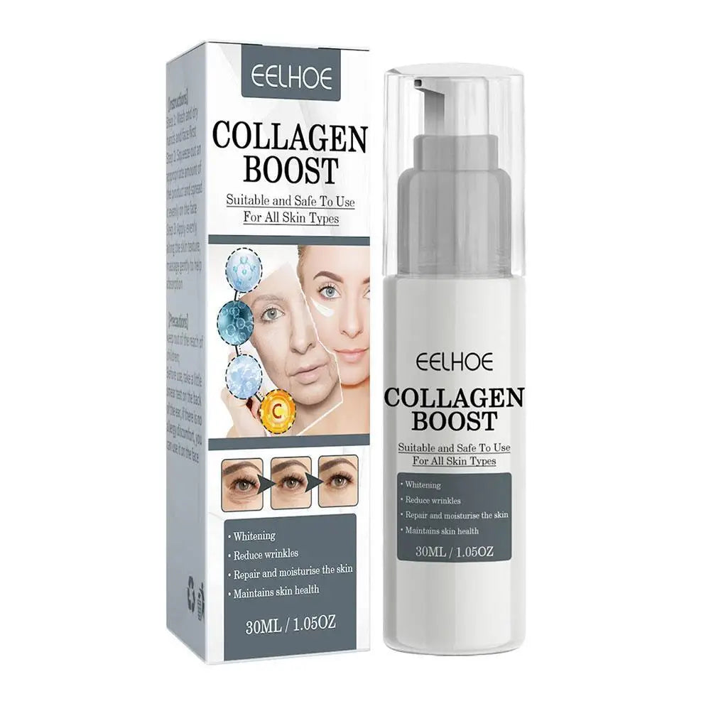 EELHOE Collagen Boost Firming Essence Cream 30ml bottle and box, skincare for all skin types, reduces wrinkles, whitens, repairs and moisturizes skin, anti-aging serum