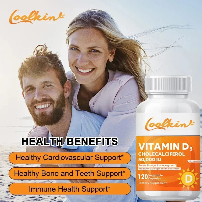 High Potency Vitamin D3 50,000 IU supplement bottle with health benefits for cardiovascular, bone, teeth, and immune support.
