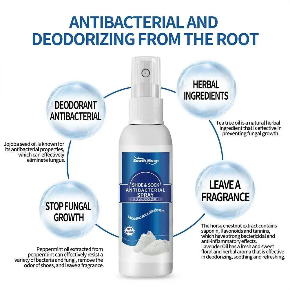 60ml Antibacterial Shoe & Foot Odor Spray with deodorant, herbal ingredients, and antifungal properties for fresh, odor-free feet and shoes