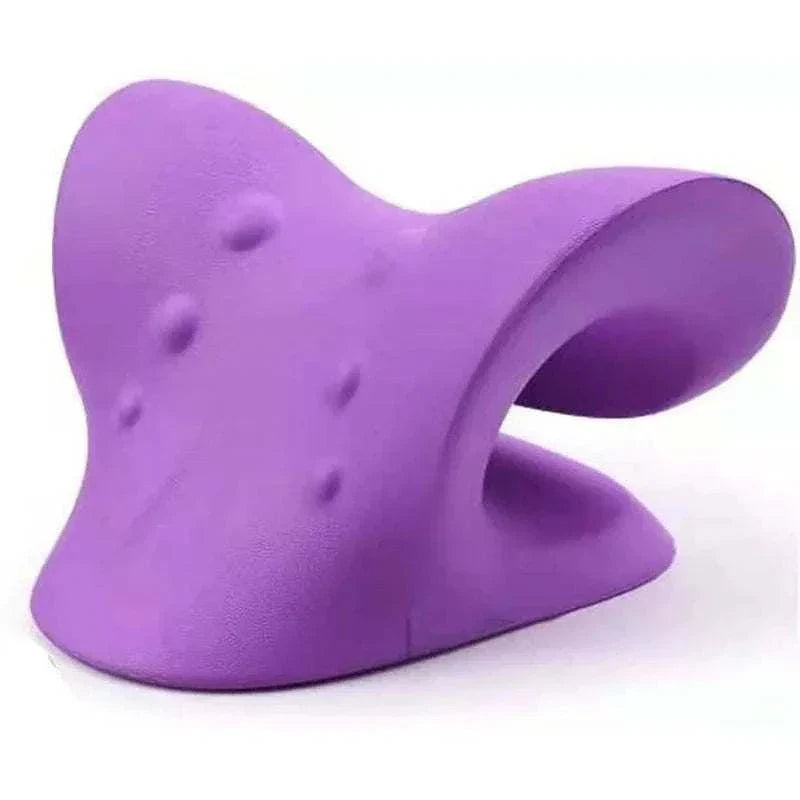Purple ergonomic cervical chiropractic traction device for neck and shoulder pain relief and posture support