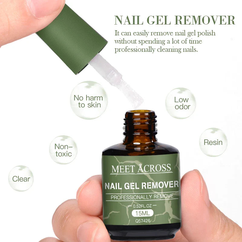 Fast nail gel polish remover bottle with brush applicator held by hand, featuring no harm to skin, low odor, non-toxic, clear formula for easy gel polish removal.