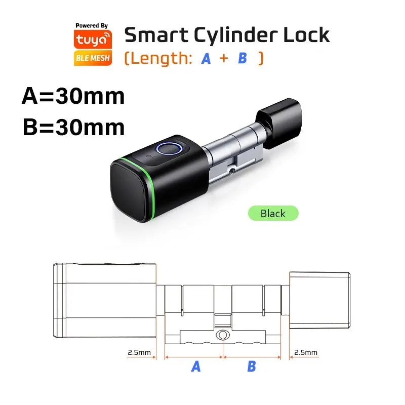 AYKUBE V1 Smart Cylinder Lock with Tuya BLE, fingerprint, IC card, password unlock, smartphone control, compact 30mm+30mm size, black finish