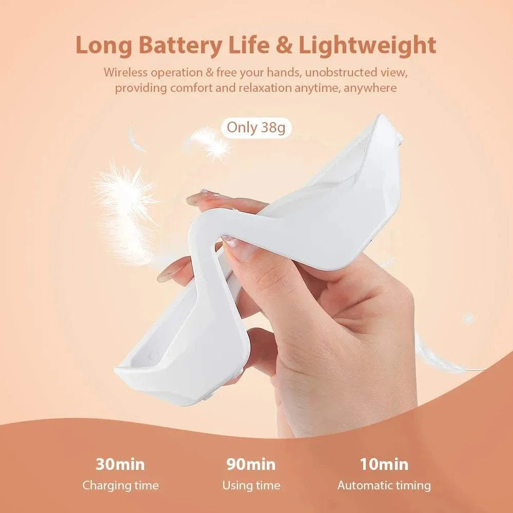 Lightweight 3D Eye Massager held in hand with long battery life and wireless design for comfort and relaxation