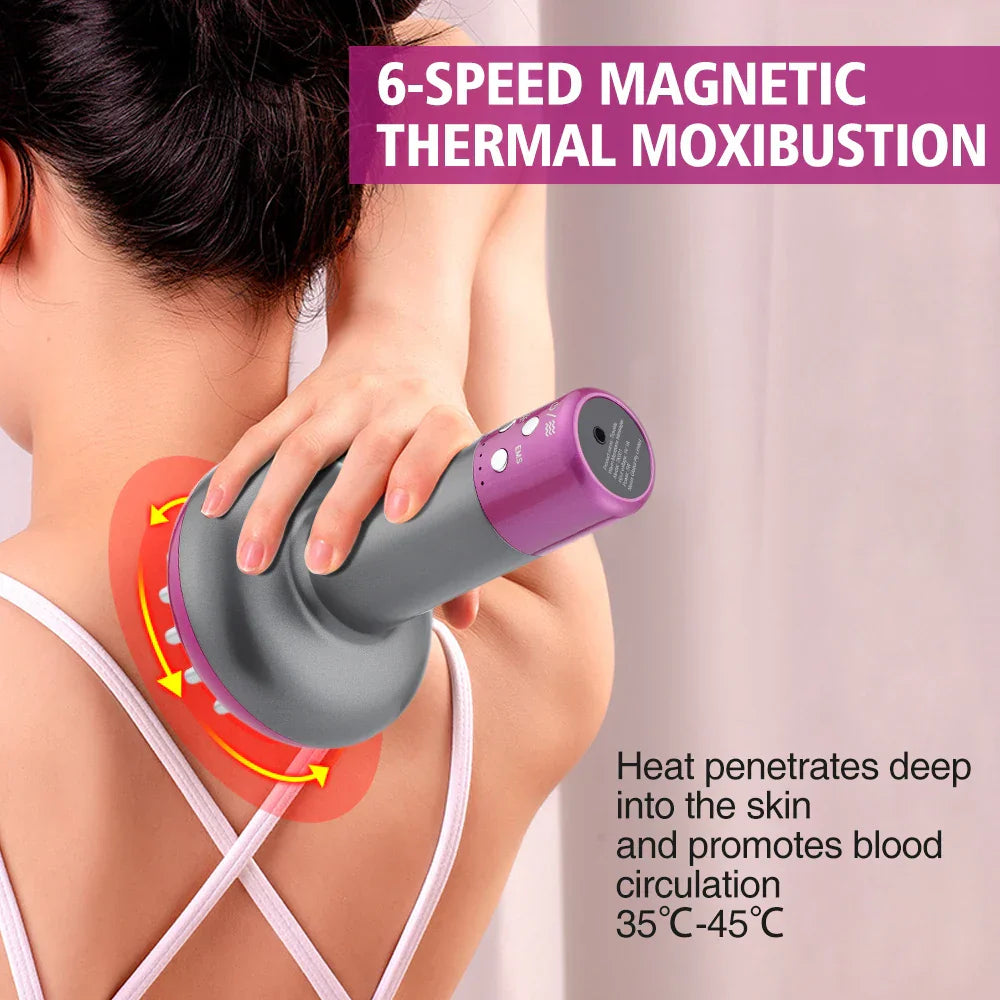Rechargeable Guasha Massager applying 6-speed magnetic thermal moxibustion on back, promoting deep heat and blood circulation at 35-45°C