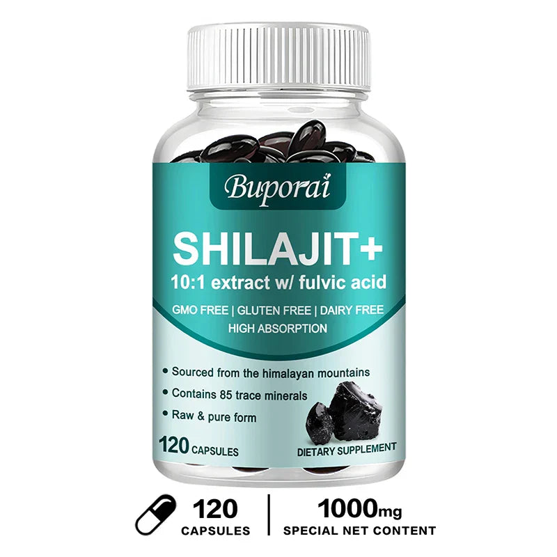 Bottle of Buporai Shilajit+ dietary supplement with 120 capsules, 10:1 extract with fulvic acid, GMO-free, gluten-free, dairy-free, high absorption, sourced from Himalayan mountains.