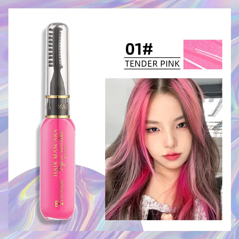 13 Colors One-Off Hair Color Mascara in Tender Pink with brush-on applicator and model showing vibrant pink hair streaks