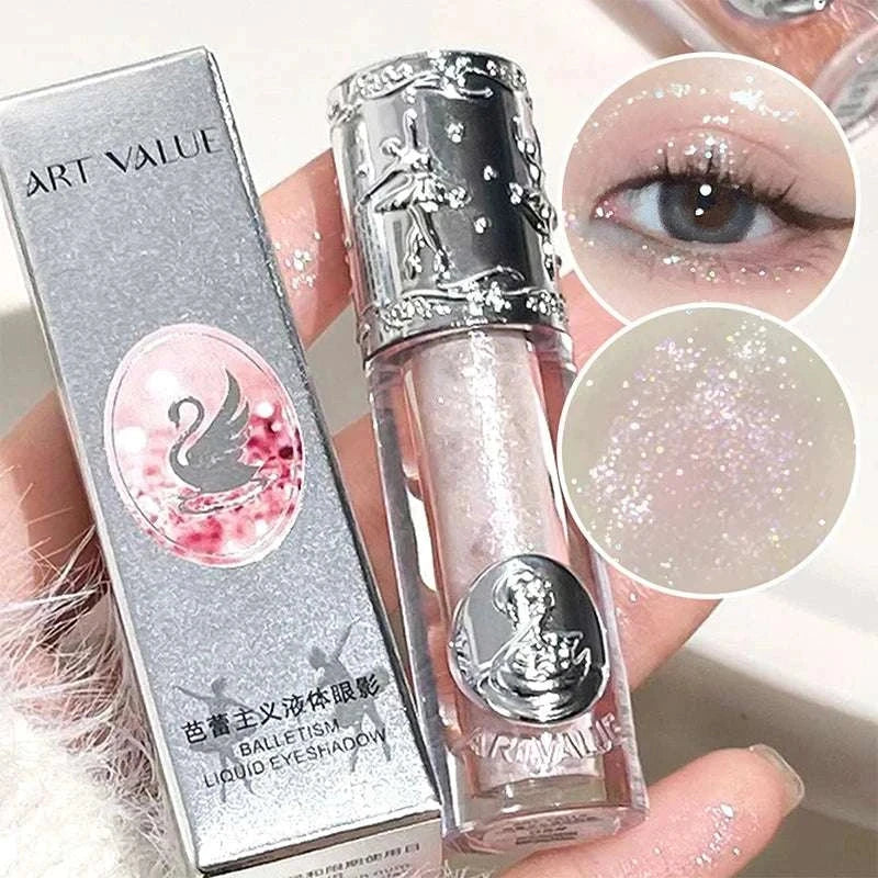 Balletism Liquid Eyeshadow with fine shimmer in elegant silver packaging, shown applied for a radiant, delicate glow on eyelids.