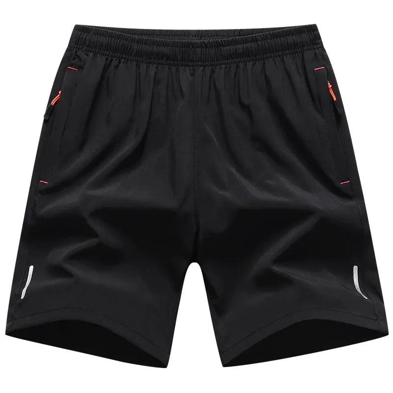 Men’s breathable sports shorts in black with elastic waistband, lightweight fabric, quick-dry technology, and zippered pockets for summer comfort and active wear