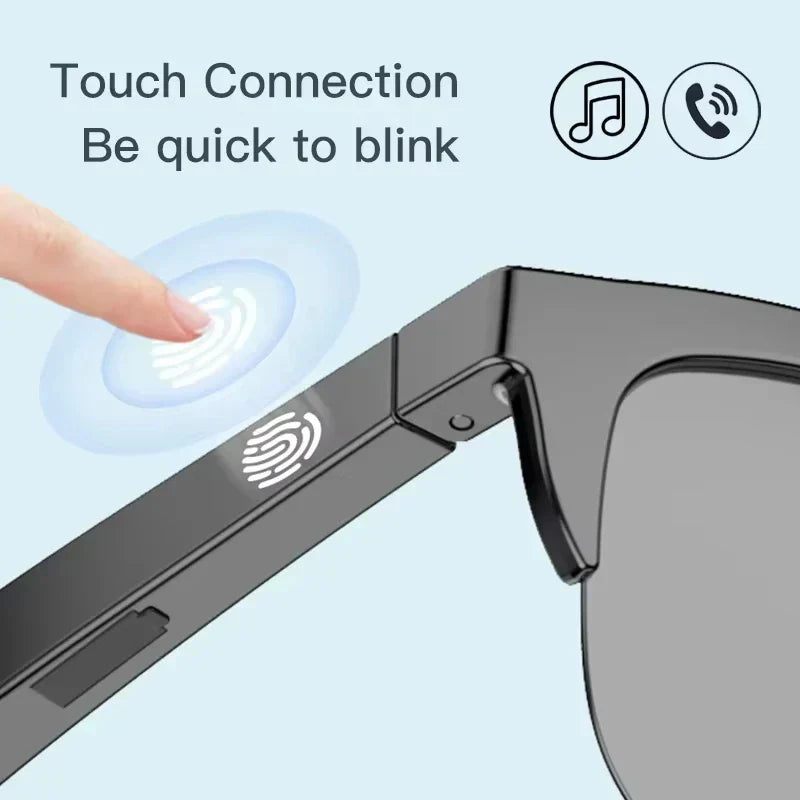 Smart Bluetooth Sunglasses with touch control for music and calls, UV400 polarized lenses, and Bluetooth headphones.
