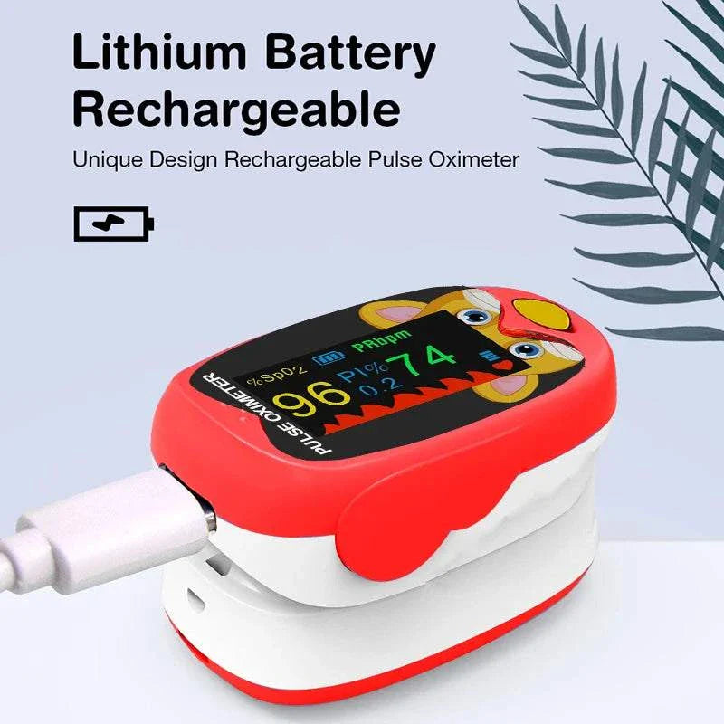 Pediatric pulse oximeter with bright LED screen, rechargeable lithium battery, designed for children and babies.