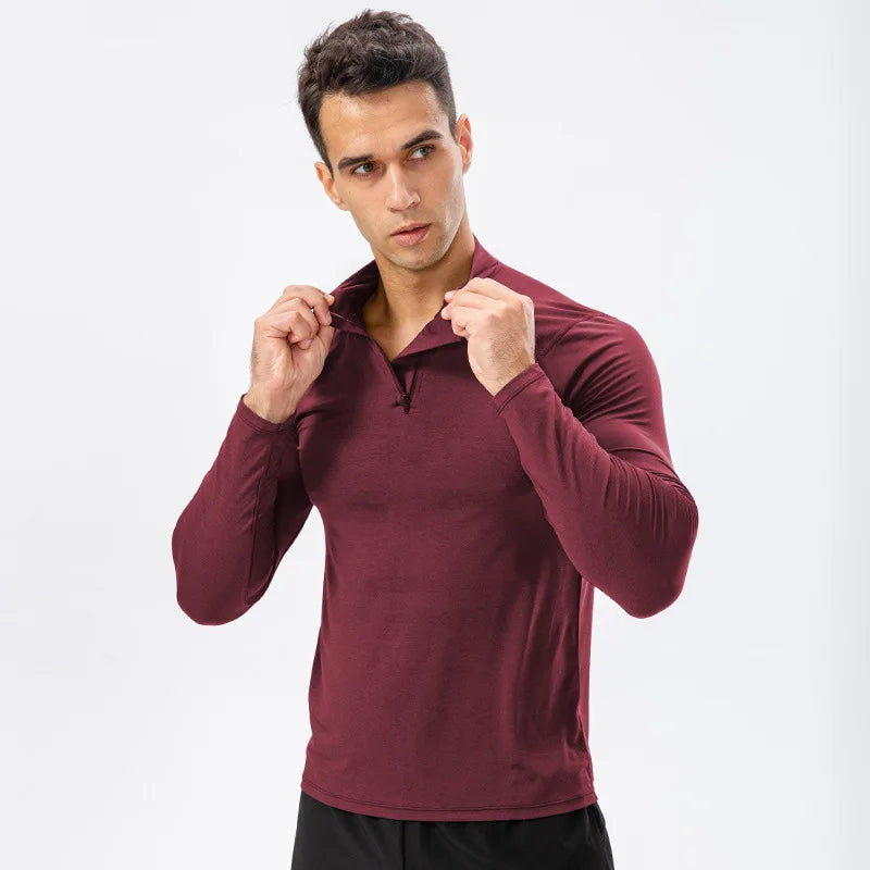 Men's autumn fitness long-sleeved slim-fit quick-dry running top with half-zip collar in maroon