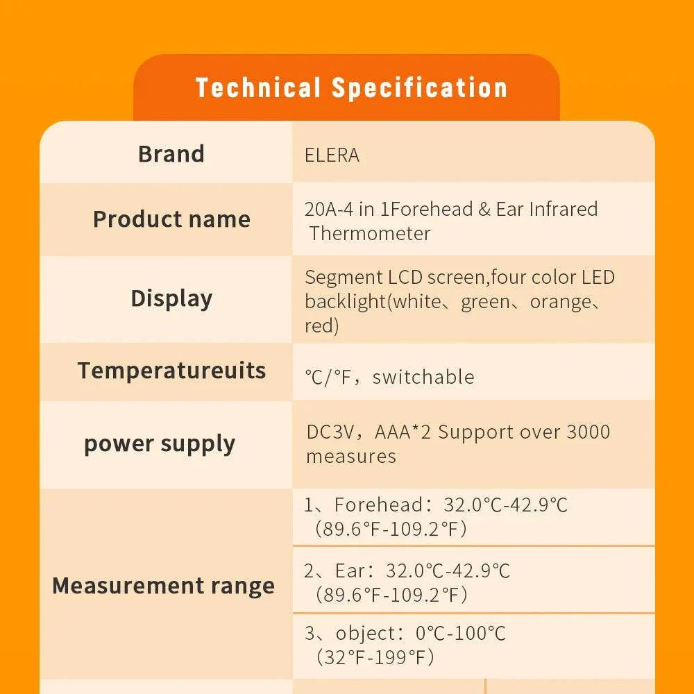 ELERA Infrared Digital Thermometer with touch-free forehead and ear measurement, backlit LCD display, fever alert, and dual mode for body and object temperature.