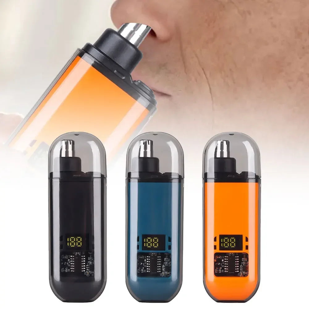 2-in-1 electric ear and nose hair trimmer with USB rechargeable cordless design in black, blue, and orange colors.