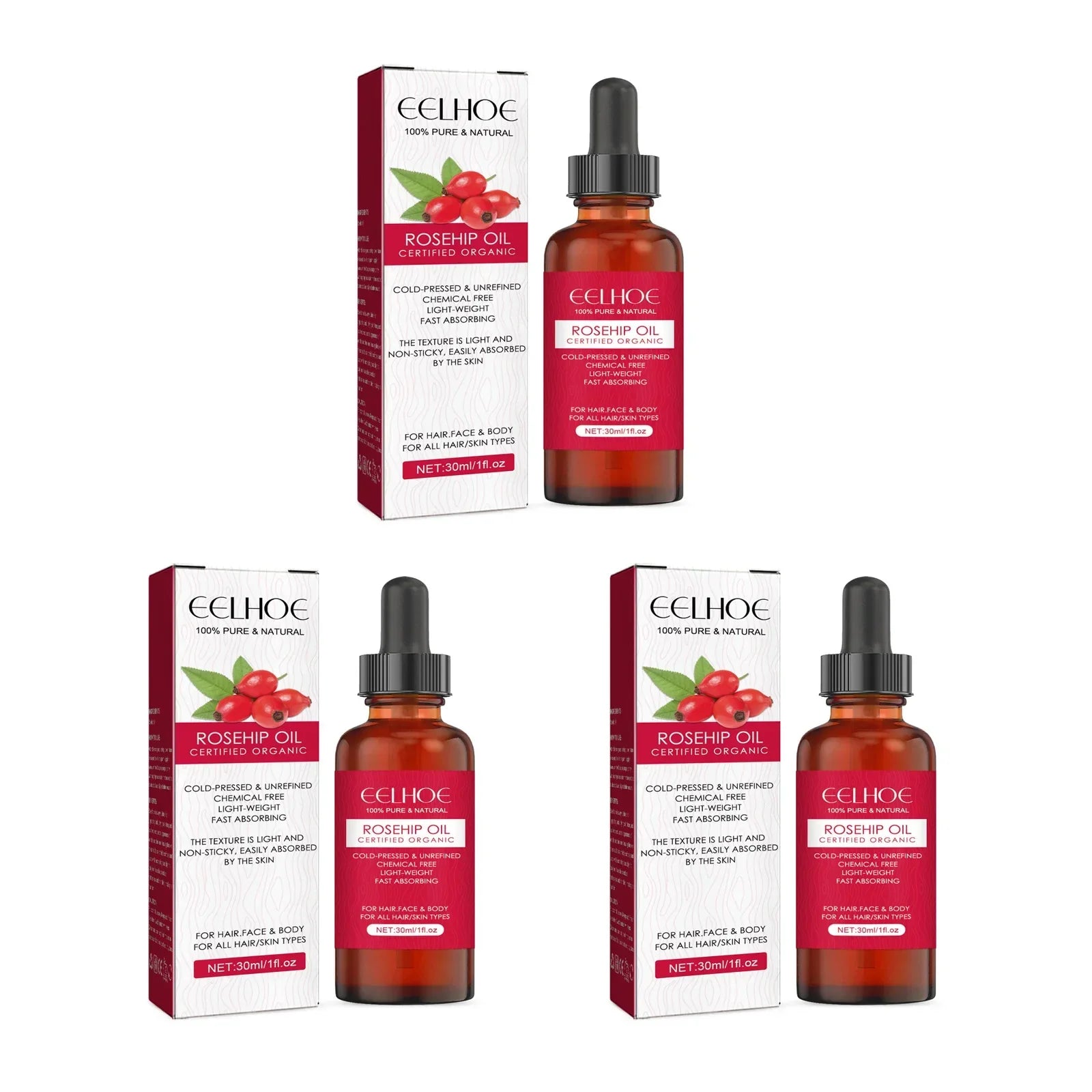 EELHOE Rosehip Facial Essential Oil bottle and packaging for skin hydration, anti-aging, and brightening effects