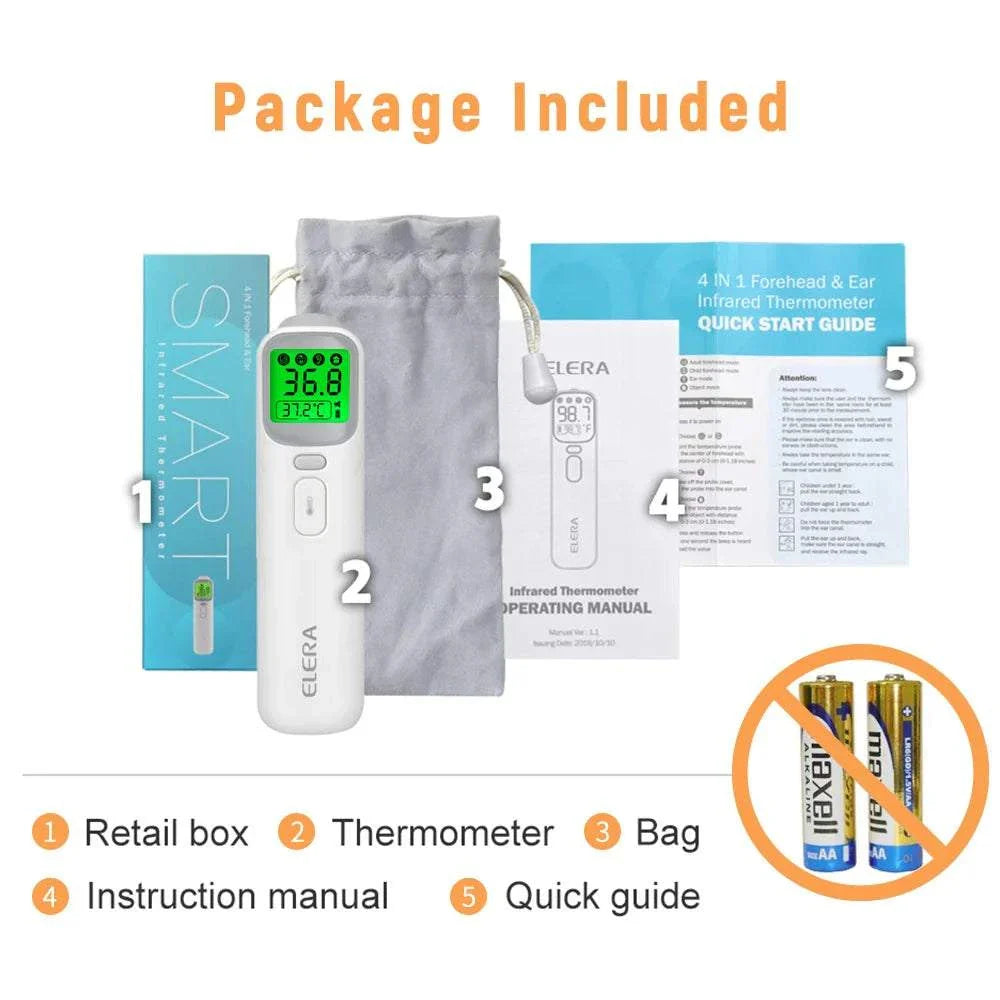 ELERA Infrared Digital Thermometer with backlit display, carrying bag, retail box, instruction manual, and quick start guide showing battery exclusion.