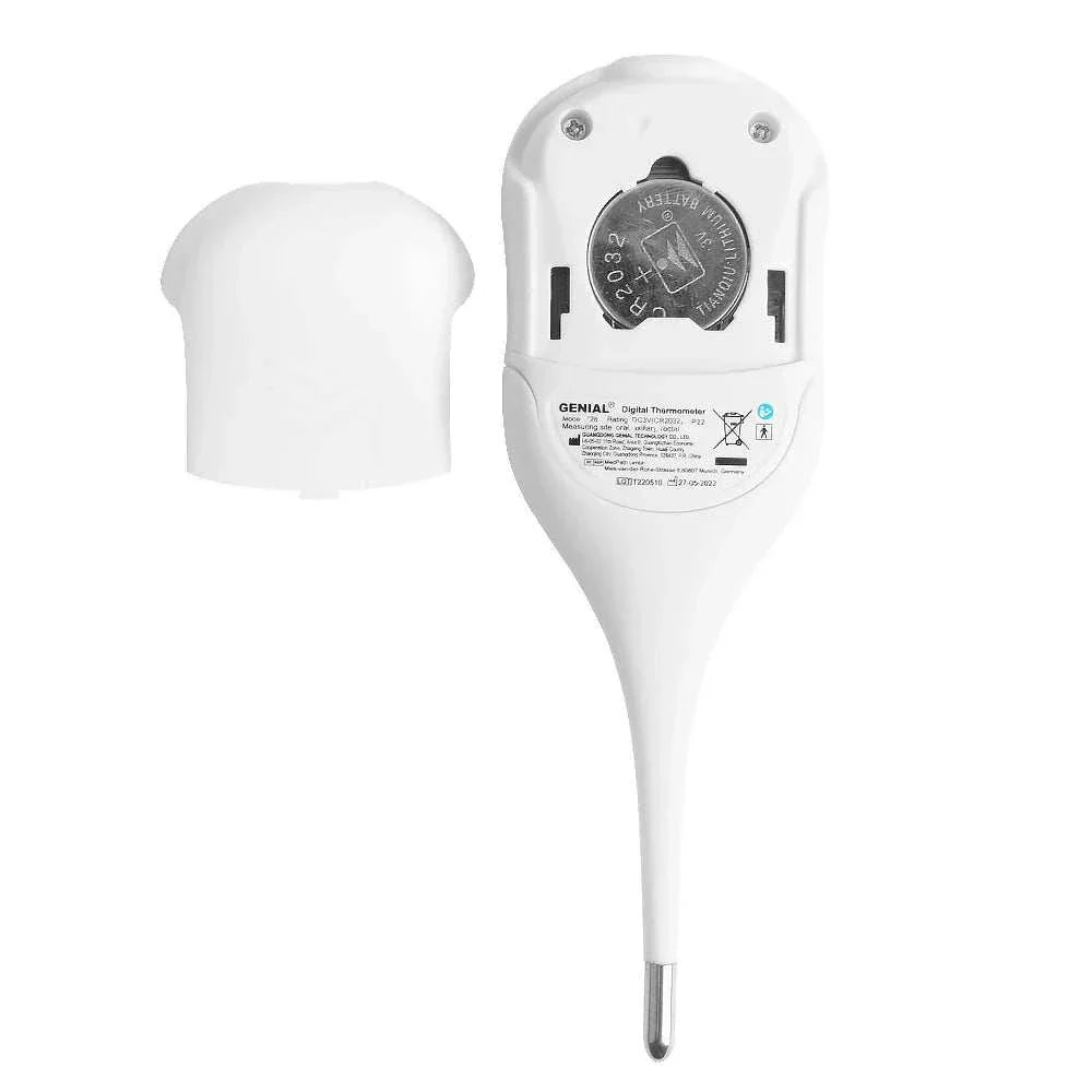 Back view of 8-Second Digital Oral Thermometer with battery compartment and protective cap removed