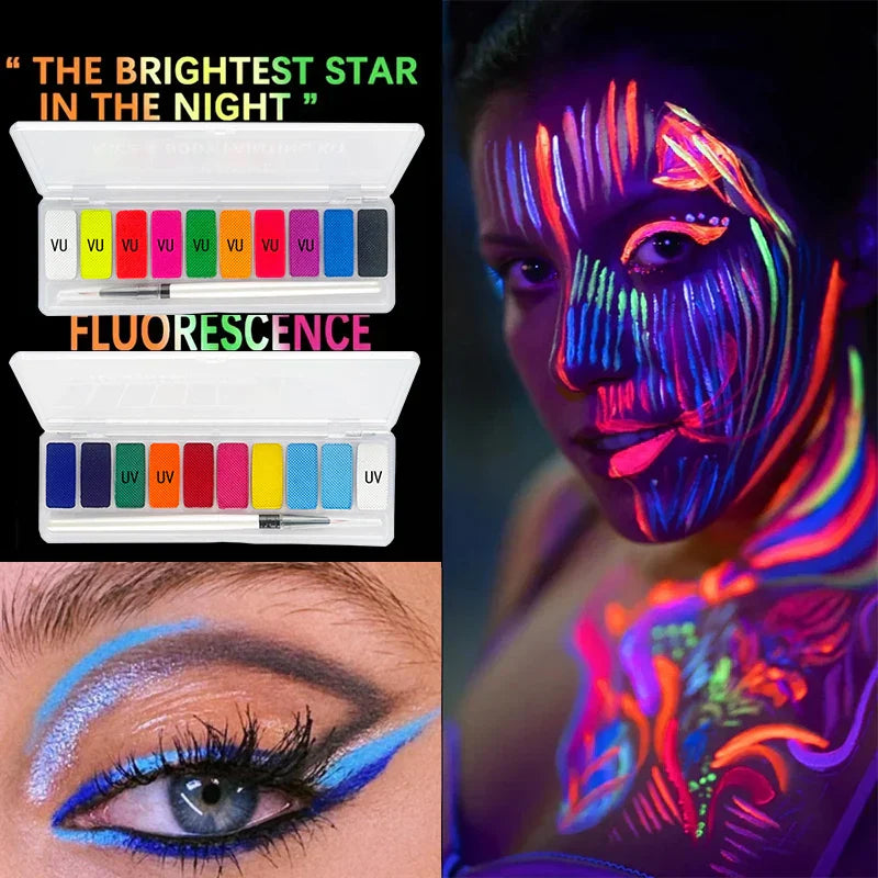 Glow Fluorescent Neon Oil face and body paint set with 10 vibrant UV reactive colors, perfect for glowing party makeup and body art under blacklight.