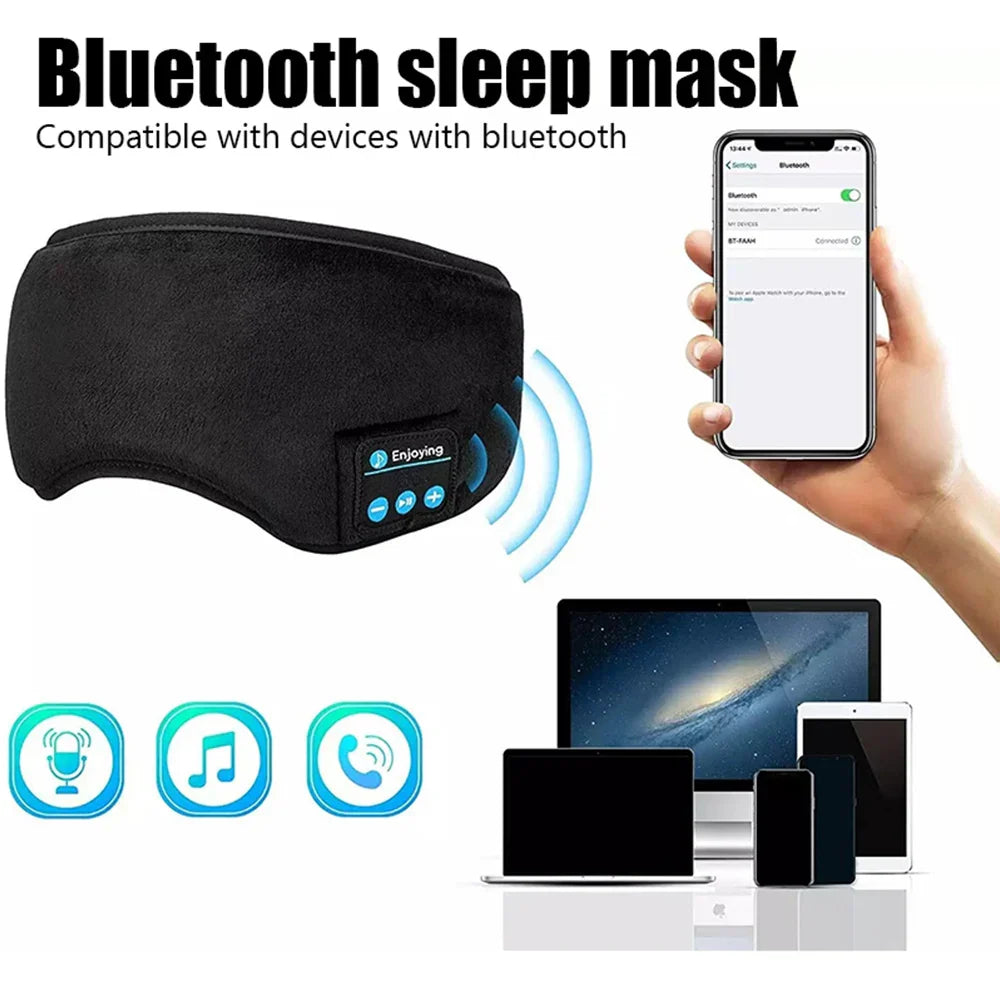 Fone Bluetooth earphones integrated into a black sleep mask headband with wireless connectivity, compatible with smartphones, tablets, and laptops.