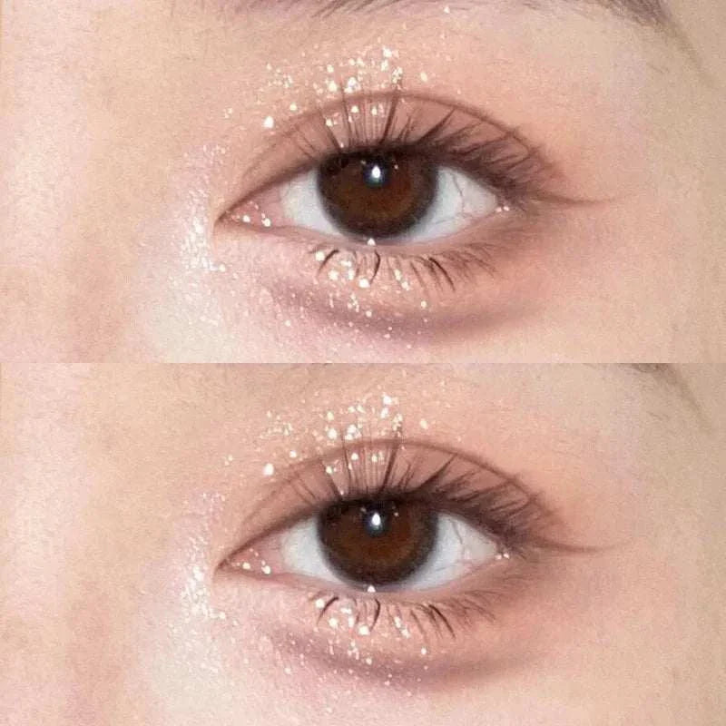 Close-up of brown eyes with shimmery pink and orange eyeshadow highlighting natural lashes and glitter accents, showcasing a bright and radiant makeup look from the 8-Color Pink Orange Eyeshadow Palette.