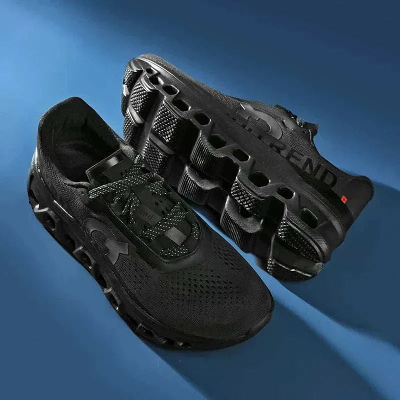 Black men's running shoes with breathable mesh uppers and durable grip soles on a blue background