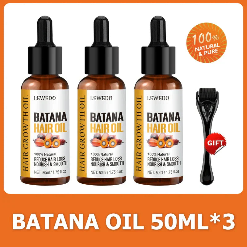 Lewedo Naturals Batana Oil 50ml three bottles with hair growth serum and applicator gift for reducing hair loss and nourishing hair