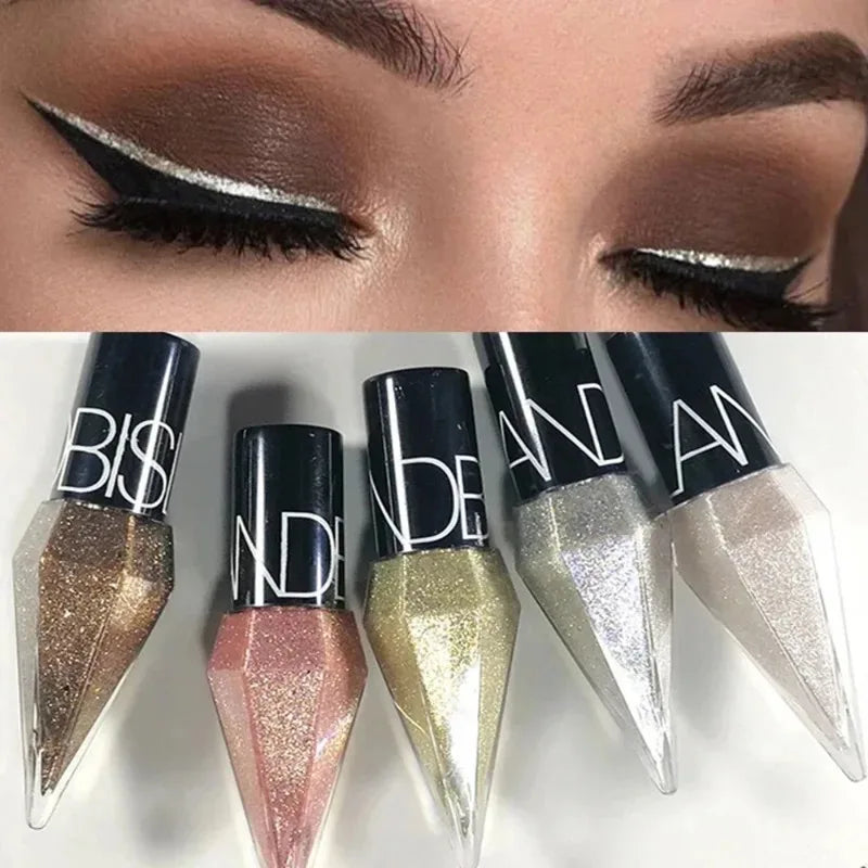 close-up of eyes with silver diamond shiny eye liner and glitter eyeshadow, set of five diamond shiny eye liners and eyeshadows in gold, rose gold, silver, and bronze shades with black caps