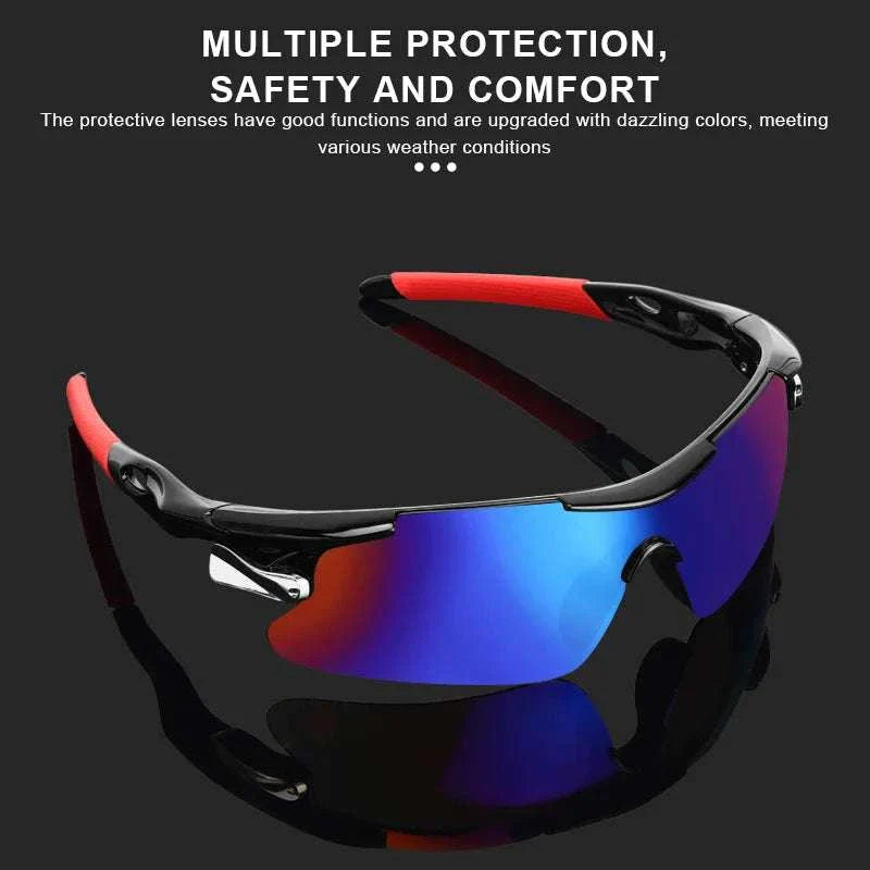 RIDERACE sports men's sunglasses with UV400 protection, wraparound blue mirrored lenses, and red-black lightweight frame for cycling and outdoor activities