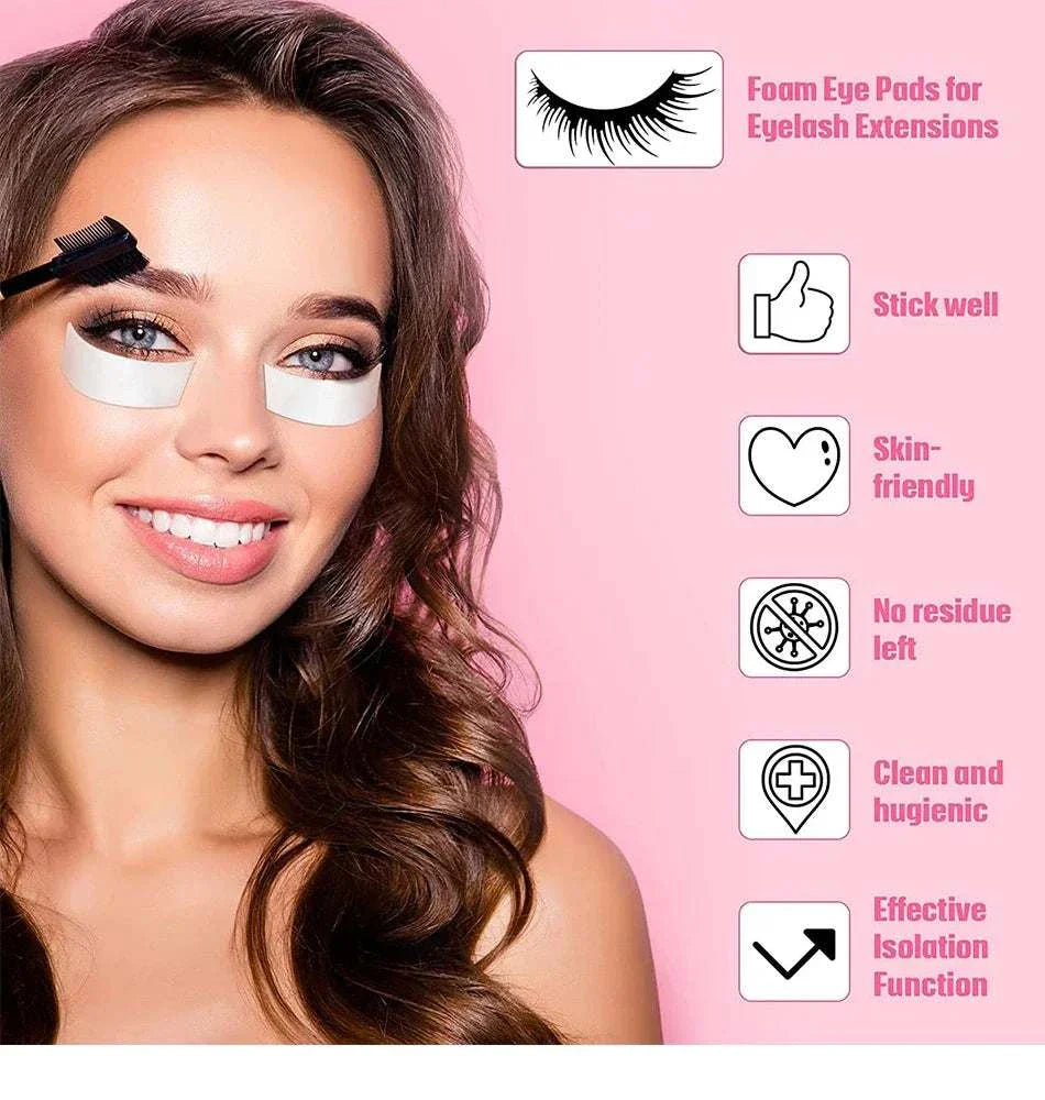 Woman wearing foam eye tapes under eyes for eyelash extensions on pink background with product benefits icons and text