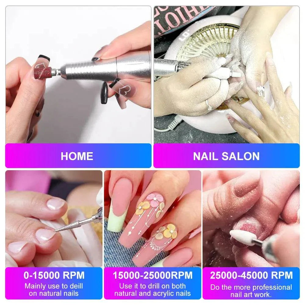 Rechargeable Nail Drill Machine in use for home and salon nail care with high-speed settings up to 45,000 RPM for precise filing and polishing.