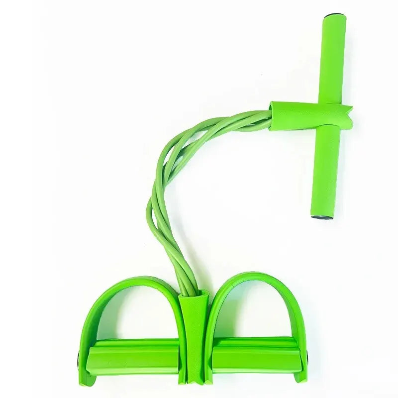 Green four-tube pedal tensioner with ergonomic foot pedals and anti-slip handle for home fitness exercises