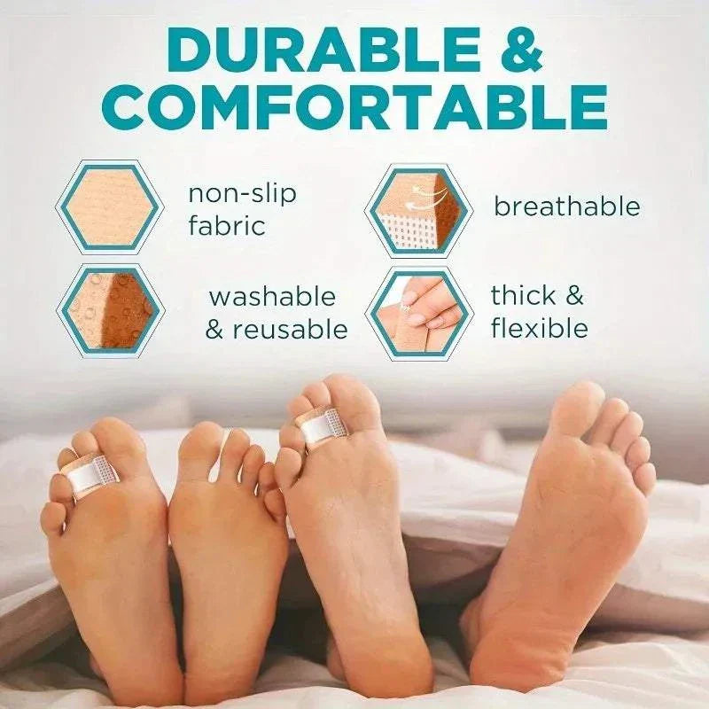 Reusable Hammer Toe Straightener on toes featuring durable, breathable, washable, and flexible fabric for pain relief and toe alignment.