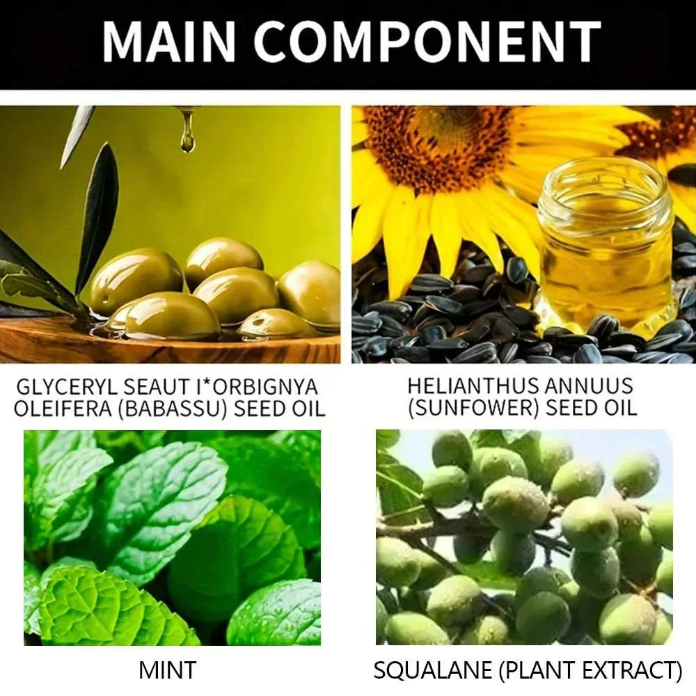 Natural ingredients in Keratin Hair Mask including babassu seed oil, sunflower seed oil, mint, and squalane plant extract for deep hair repair and nourishment.