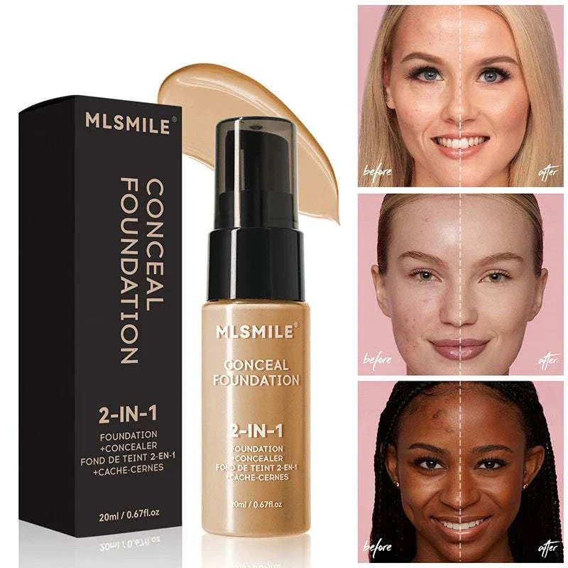 Face Foundation Cream 2-in-1 concealer and foundation with full coverage, oil-control, matte finish, and waterproof formula shown on diverse women's before and after faces.